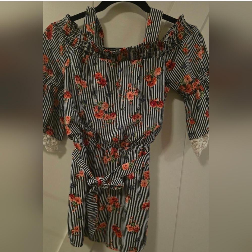 My Michelle Blue and White Striped Floral Romper